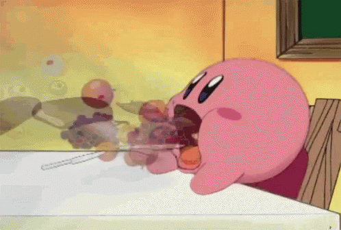 A Pink Cartoon Character Is Sitting At A Table With A Knife And Fork In His Mouth GIF