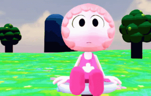 A Pink Cartoon Character Is Sitting In The Grass GIF