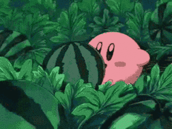 A Pink Cartoon Character Is Sitting In The Leaves Of A Plant . GIF