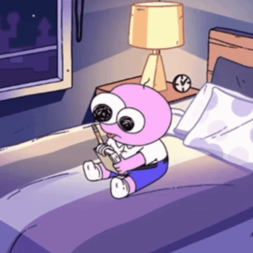 A Pink Cartoon Character Is Sitting On A Bed With A Clock On The Nightstand GIF