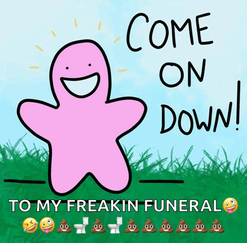 A Pink Cartoon Character Is Standing In The Grass And Says Come On Down GIF