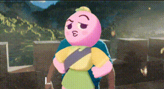 A Pink Cartoon Character Is Standing Next To A Man In A Blue Shirt .. GIF