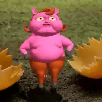 A Pink Cartoon Character With A Big Belly Is Standing In The Dirt GIF