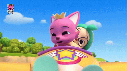 A Pink Cartoon Character With A Crown On Her Head Is Riding On The Back Of A Toy GIF