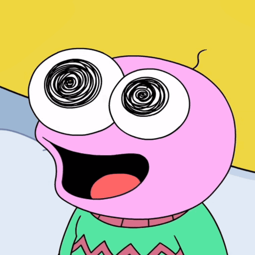 A Pink Cartoon Character With A Green Sweater Has A Swirl In His Eyes GIF
