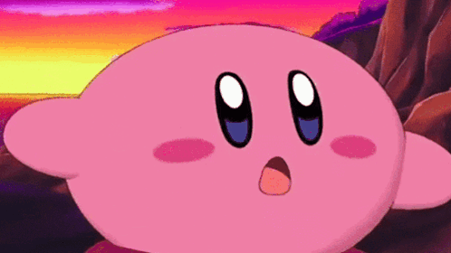 A Pink Cartoon Character With A Surprised Look On His Face Is Standing In Front Of A Sunset . GIF