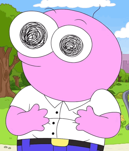 A Pink Cartoon Character With A White Shirt And A Blue Belt GIF