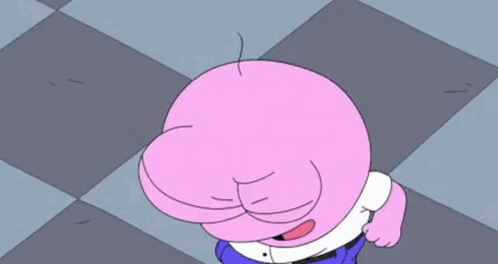 A Pink Cartoon Character With A White Shirt And Blue Pants Is Making A Funny Face . GIF