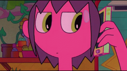 A Pink Cartoon Character With Green Eyes Talking On A Phone GIF