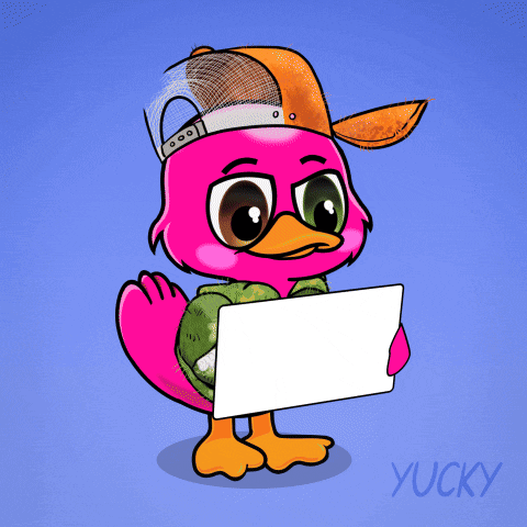 A Pink Cartoon Duck Holding A Sign That Says I 'M Sorry GIF