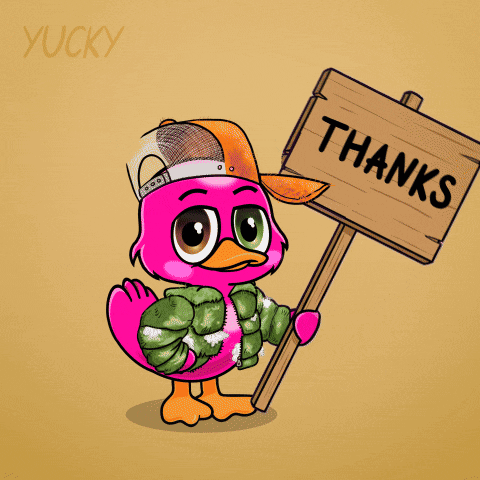 A Pink Cartoon Duck Holding A Sign That Says Thanks GIF