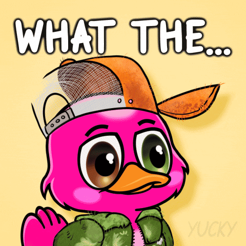 A Pink Cartoon Duck Wearing A Hat And A Jacket Says What The GIF