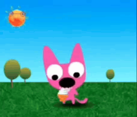 A Pink Cat Is Holding An Ice Cream Cone In A Grassy Field GIF