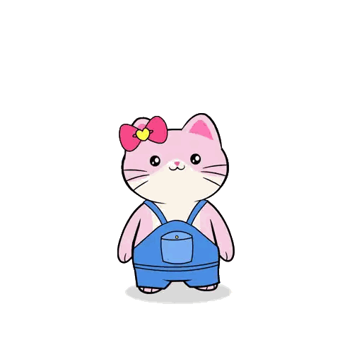 a pink cat with blue overalls and a bow on its head