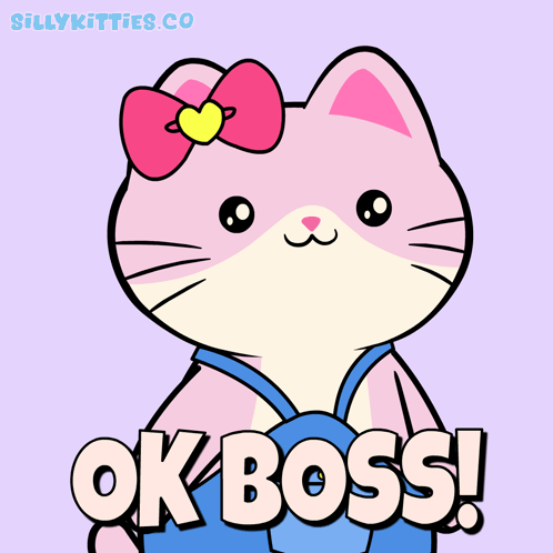 A Pink Cat With Overalls And A Bow On Its Head Says Ok Boss GIF