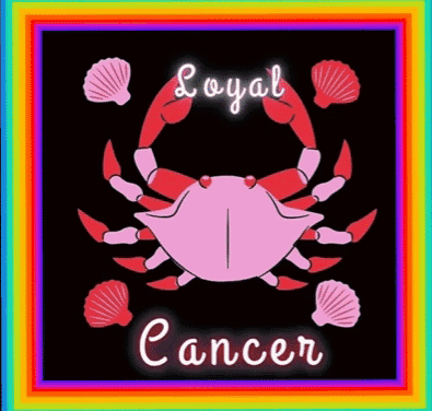 A Pink Crab With Shells Around It And The Words `` Loyal Cancer '' GIF