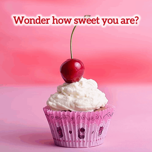 A Pink Cupcake With A Cherry On Top And The Words Wonder How Sweet You Are Above It GIF