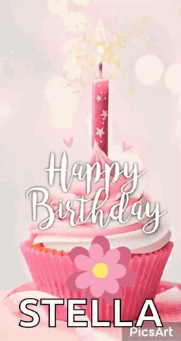 A Pink Cupcake With A Lit Candle And The Name Stella On It GIF