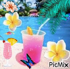 A Pink Drink With A Straw In It Is Surrounded By Flowers And Butterflies By A Pool GIF
