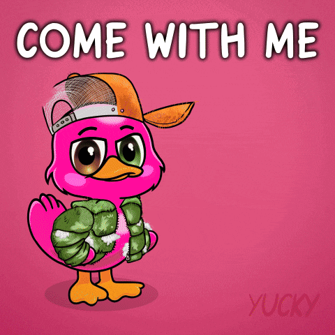A Pink Duck Holding A Green Object With The Words Come With Me Behind It GIF