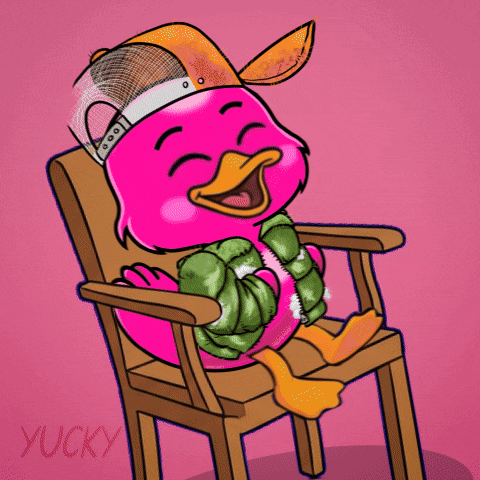 A Pink Duck Is Sitting In A Chair With The Word Lmao Written Above It GIF