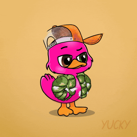 A Pink Duck Is Standing Next To A Grave With The Words " I Quit " Written Above It GIF