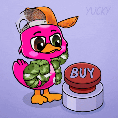A Pink Duck Is Standing Next To A Red Button That Says Buy GIF