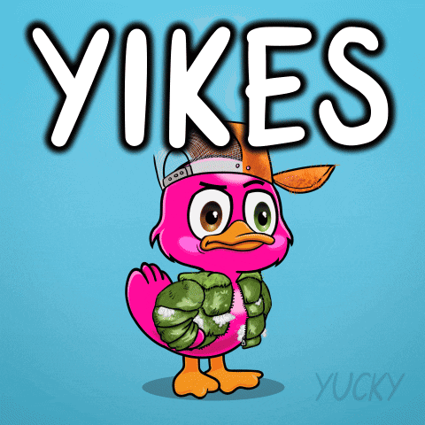 a pink duck wearing a hat and a jacket with the word yikes written above it