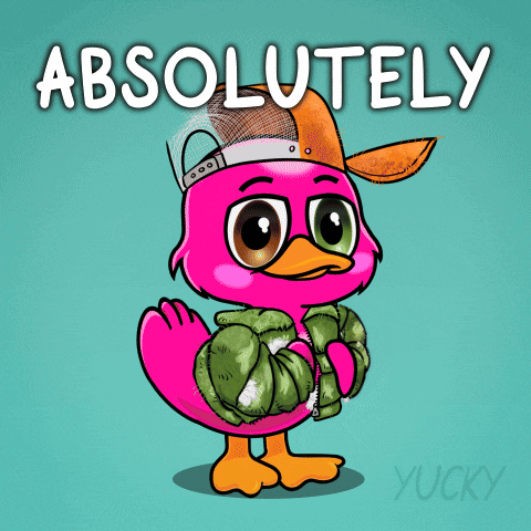 A Pink Duck Wearing A Hat And A Jacket With The Words Absolutely Written Above It GIF
