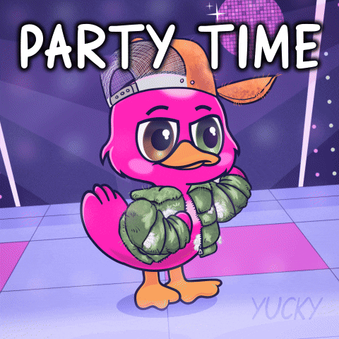 A Pink Duck Wearing A Hat And A Jacket With The Words Party Time Below It GIF