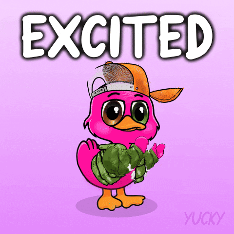 A Pink Duck Wearing A Hat And Holding A Jacket With The Word Excited Above It GIF