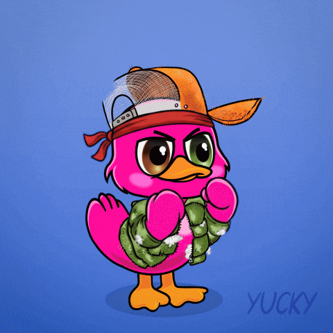 A Pink Duck Wearing An Orange Hat And A Green Jacket Says Catch These GIF