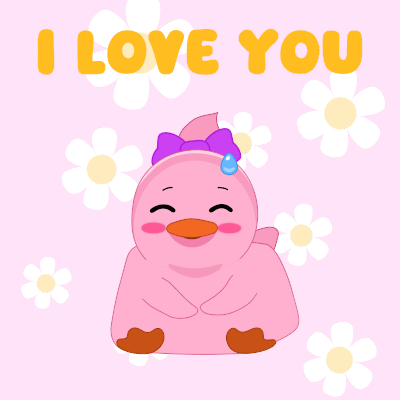 A Pink Duck With A Purple Bow And The Words I Love You GIF