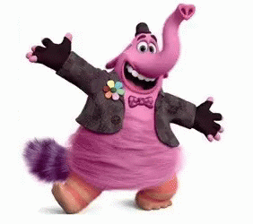 A Pink Elephant From Inside Out Is Dancing With His Arms Outstretched And Wearing A Suit And Bow Tie . GIF