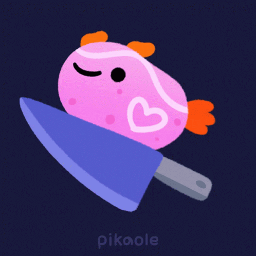A Pink Fish With A Heart On It Is Holding A Knife In Its Mouth GIF