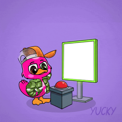 A Pink Flamingo Is Pressing A Button In Front Of A Screen With The Word Bullish On It GIF