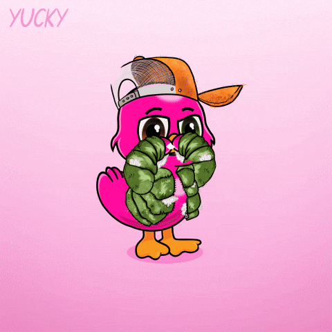 A Pink Flamingo Wearing A Hat And A Jacket Is Surrounded By A Heart With The Name Yucky Below It GIF