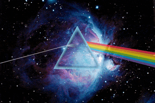 A Pink Floyd Poster With A Rainbow Coming Out Of A Triangle With Drjoy Written On It GIF
