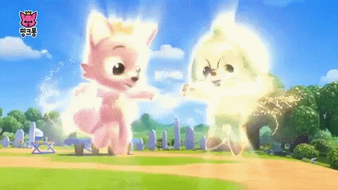 A Pink Fox And A Yellow Dog Are Dancing Together In A Field . GIF
