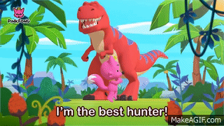 A Pink Fox Is Riding On The Back Of A Red Dinosaur With The Words I 'M The Best Hunter On The Bottom GIF