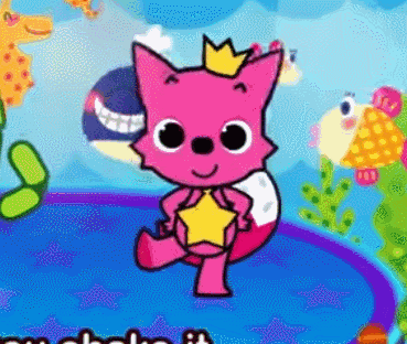 A Pink Fox Wearing A Crown And Holding A Star Is Standing On A Blue Surface . GIF