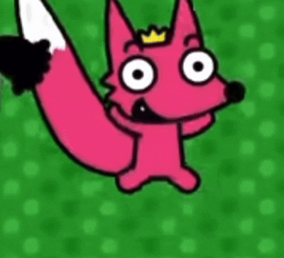 A Pink Fox With A Crown On Its Head Is Standing On Top Of A Green Field . GIF