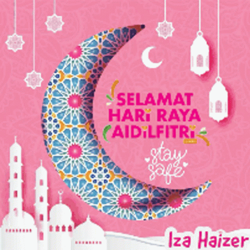 A Pink Greeting Card With A Crescent Moon And Mosques Says " Selamat Hari Raya Aidilfitri " GIF