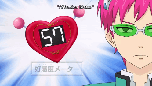 A Pink Haired Anime Character Wearing Green Glasses And A Heart With The Number 57 On It GIF