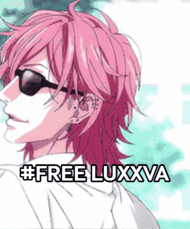A Pink Haired Anime Character With Sunglasses And The Words #Free Luxxva Below Him GIF