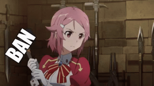 A Pink Haired Anime Girl Is Holding A Stick With The Word Ban Written On It GIF