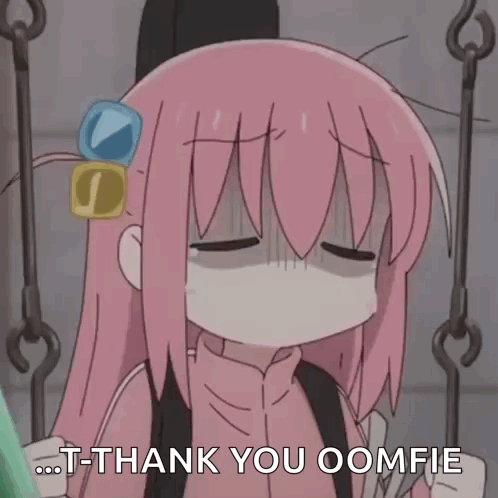 A Pink Haired Anime Girl Is Sitting On A Swing With Her Eyes Closed And Says T-Thank You Oomfie . GIF