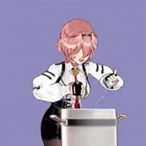 A Pink Haired Anime Girl Is Standing Next To A White Box With Two Handles . GIF