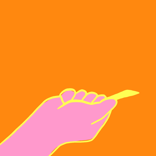A Pink Hand Holding A Yellow Card Against An Orange Background GIF