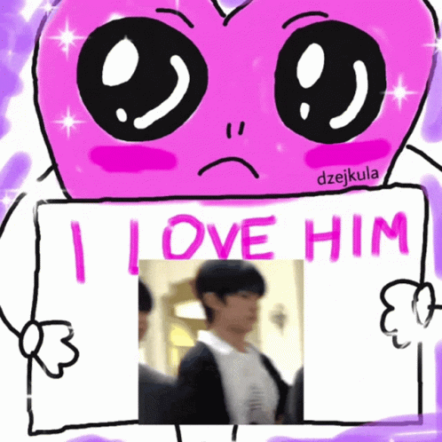 A Pink Heart Holding A Sign That Says " I Love Him " GIF